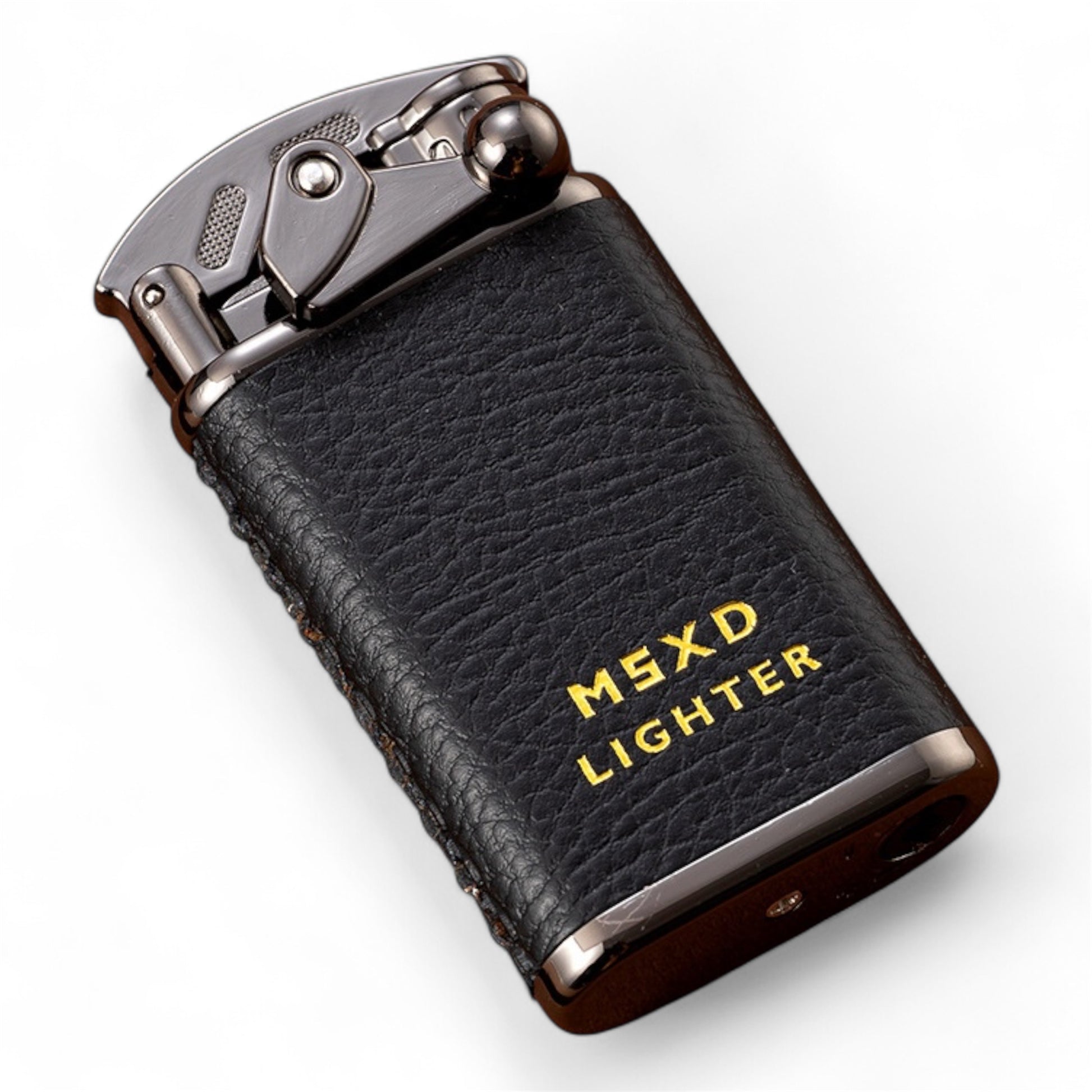 Black leather lighter with 'MSXD Lighter' text on a white background